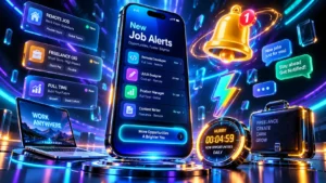 Celular 3D com notificações de vagas, maleta digital, sino e símbolos de trabalho remoto.
