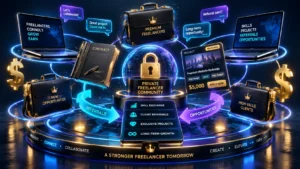 Rede 3D de maletas, contratos, chats e conexões digitais representando comunidades profissionais de freelancers.