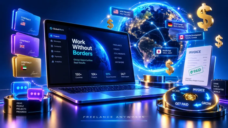 Notebook 3D conectado a globo, contratos internacionais e símbolos de dólar em cenário de trabalho remoto.