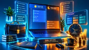 Notebook 3D com calendário dividido, maleta, tarefas e símbolo de renda extra em ambiente remoto.