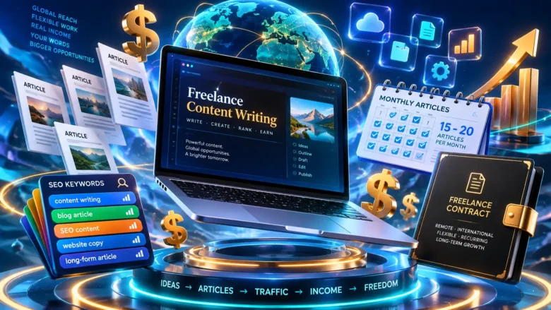 Notebook 3D com documentos, cifrões em dólar, gráficos e elementos digitais de trabalho remoto.