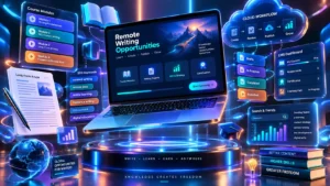 Notebook 3D com módulos de e-learning, documentos SEO e gráficos de pesquisa em cenário remoto.