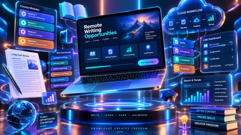 Notebook 3D com módulos de e-learning, documentos SEO e gráficos de pesquisa em cenário remoto.