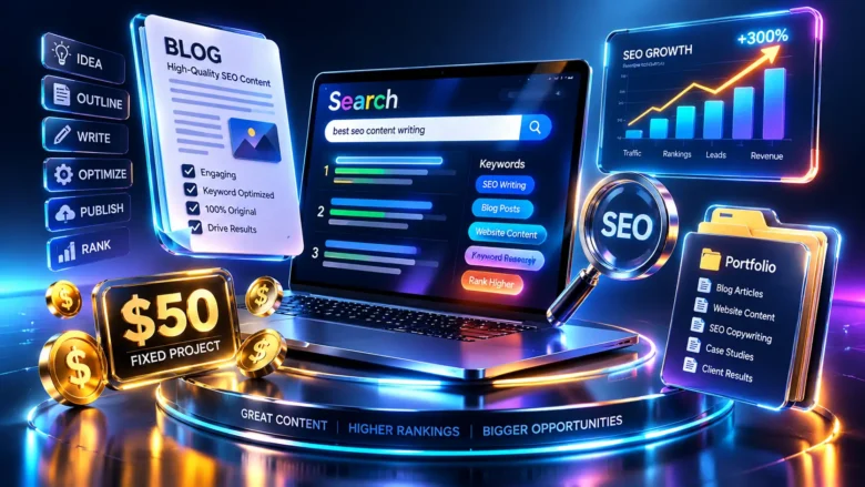 Notebook 3D com gráfico SEO, documento de blog e símbolo de US$ 50 em ambiente digital.