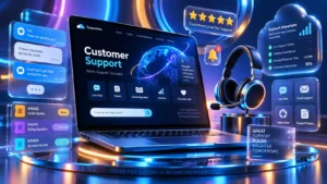 Notebook 3D com balões de chat, headset vazio, tickets de suporte e ícones de atendimento remoto.