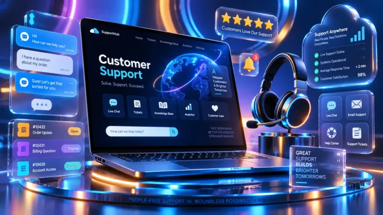 Notebook 3D com balões de chat, headset vazio, tickets de suporte e ícones de atendimento remoto.