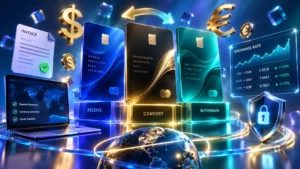 Três cartões financeiros 3D abstratos com moedas, dólar, transferências e notebook de freelancer.