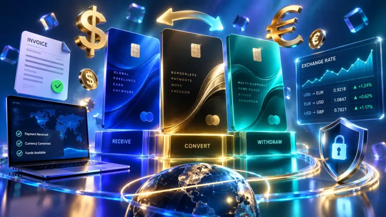 Três cartões financeiros 3D abstratos com moedas, dólar, transferências e notebook de freelancer.